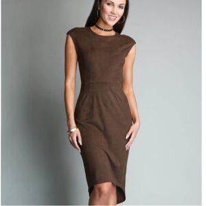 Level 99 Faux Suede Brown Midi Dress M EUC Fishtail Hem
